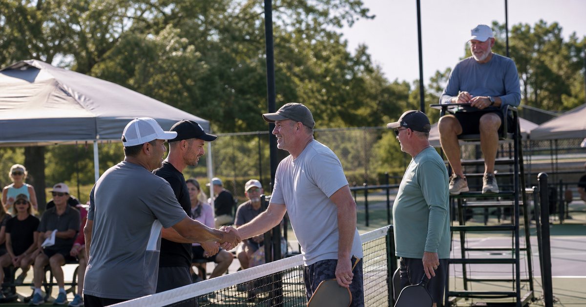 Two doubles pickleball teams shaking hands at the net after a match on an outdoor court, a referee seated on a tall chair beside the net, spectators watching from the shade of a pop up tent, late afternoon sun