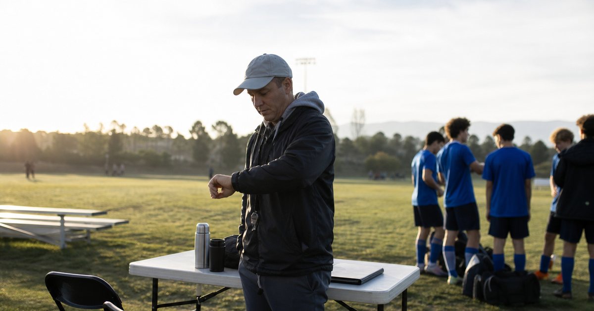 A tournament director standing at a folding table at the edge of an outdoor field checking a wristwatch, a team in blue jerseys waiting on the sideline with their bags, an empty bench on the opposite side, early morning light