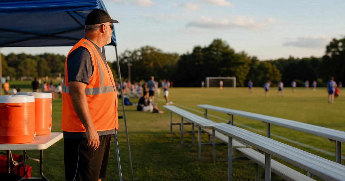 Youth soccer complex on a summer afternoon, a volunteer in a bright orange vest standing beside a blue pop-up canopy at the edge of a grass field, folding table and orange water coolers underneath, metal bleachers and a distant tree line, warm low sunlight, no signage