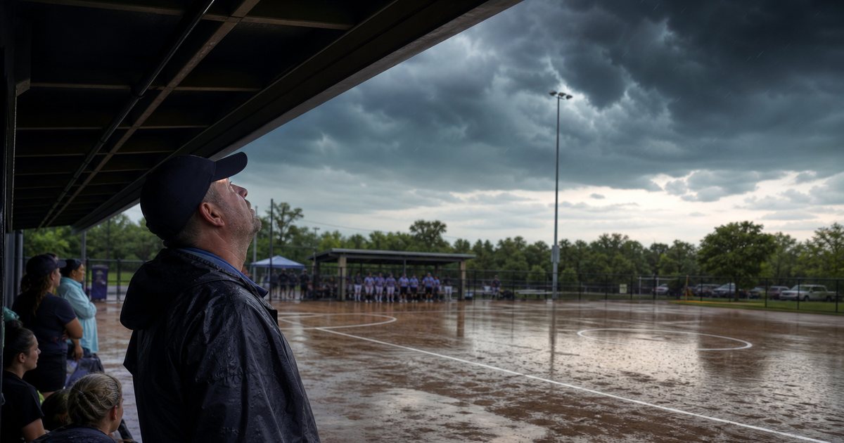 Outdoor softball complex under dark storm clouds, teams sheltering under a pavilion roof and in covered dugouts, rain falling on an empty infield with puddles forming, a tournament staffer in a rain jacket looking up at the sky